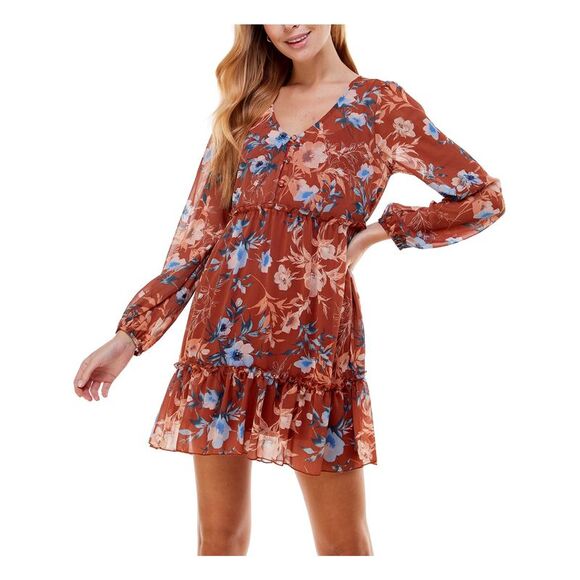 CITY STUDIO Womens Button Front Tiers Lined Long Sleeve Short Fit + Flare Dress - Picture 1 of 4